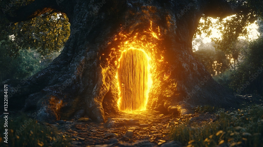 Poster a mysterious glowing door embedded in the trunk of an ancient tree