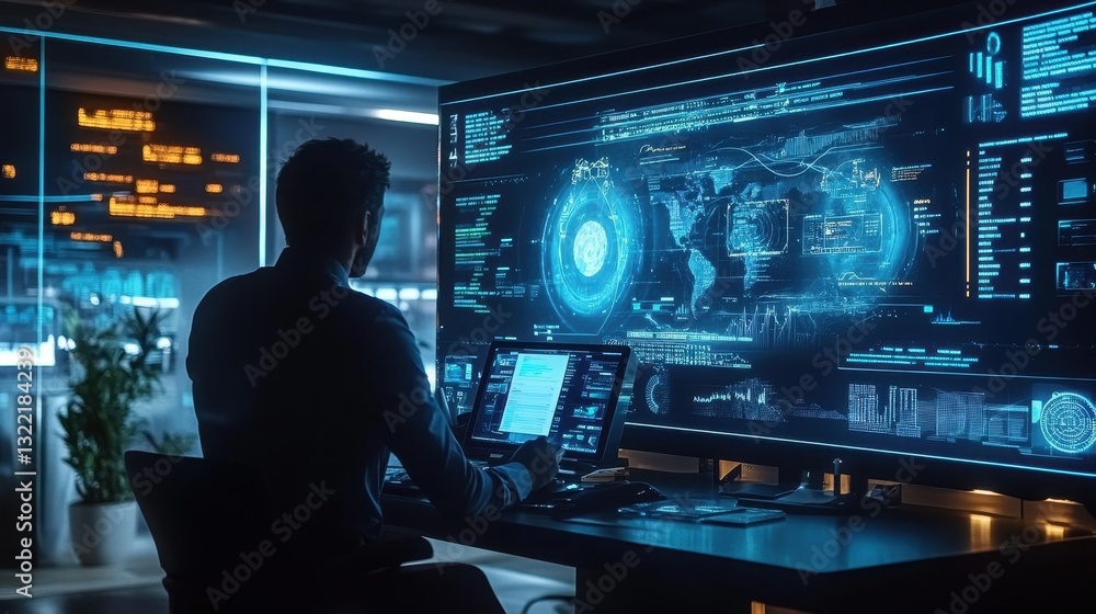Poster analyzing digital data trends modern office technology graphics high-tech environment user's perspec