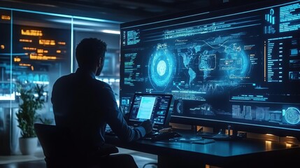 Analyzing digital data trends modern office technology graphics high-tech environment user's perspective