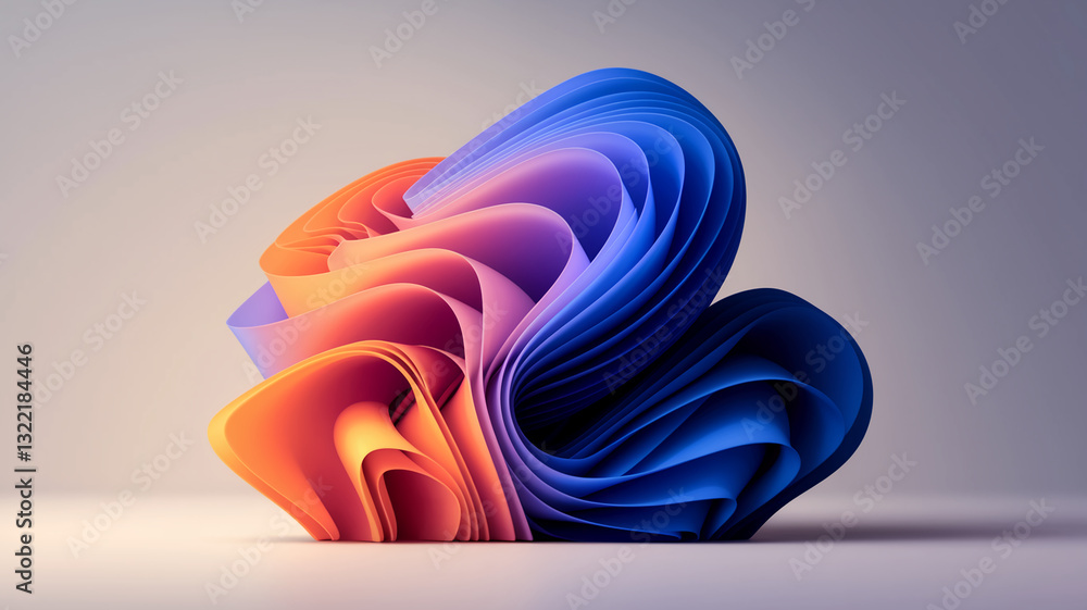 Poster abstract 3d rendering of layered, curved forms in orange, purple, and blue hues creating a dynamic, 
