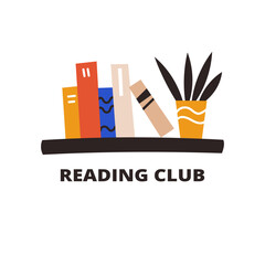 Vector modern illustration. Book club design with pile of books on a shelf.	
