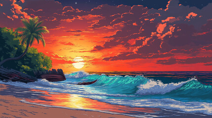 Tropical Sunset Over Ocean Waves – Vibrant Seascape Painting