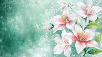 Watercolor Floral Pattern with White and Pink Flowers on a Green Background
