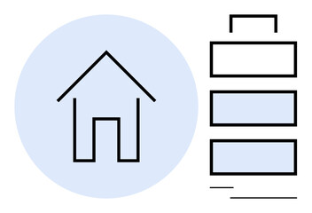 Minimalist house outline paired with battery shape suggesting energy storage solutions. Ideal for sustainability, energy efficiency, renewable energy, electricity, smart homes, eco-living, flat