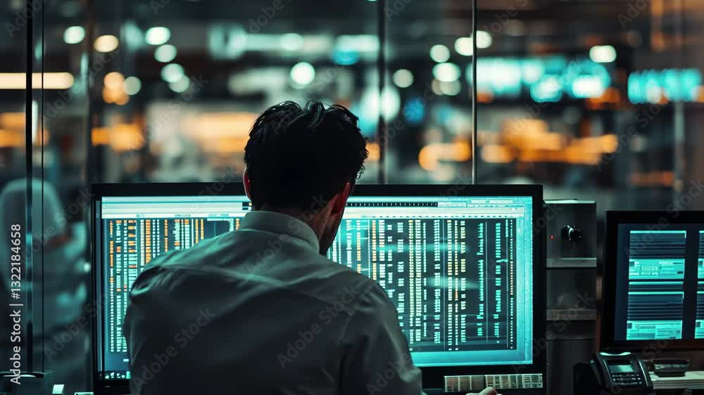 Poster data processing and scope scanning in a stock market analysis environment at night, data processing 
