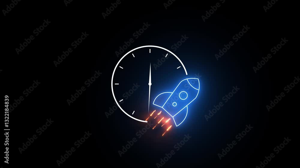 Poster neon line rocket spaceship icon with wall clock isolated on transparent background. start up, creati