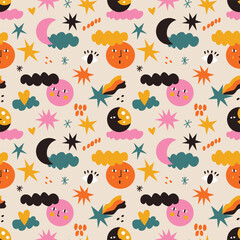 Vector seamless pattern with space, moons and clouds. Modern design for fabric and paper, surface textures