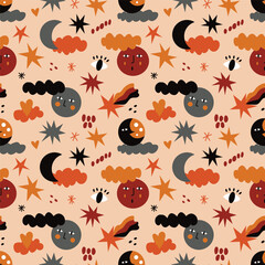 Vector seamless pattern with space, moons and clouds. Modern design for fabric and paper, surface textures