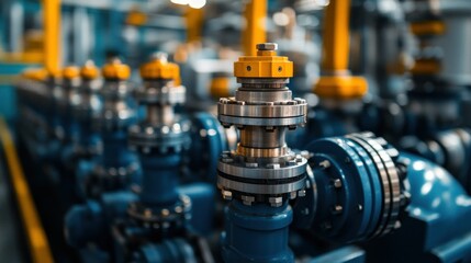 Fototapeta premium Factory equipment blue pipes with yellow valve tops, blurred background, industrial