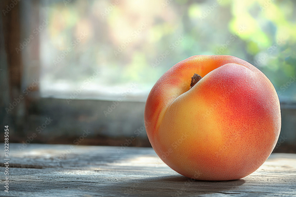 Poster a ripe peach sits on a rustic wooden surface near a window, bathed in soft sunlight.