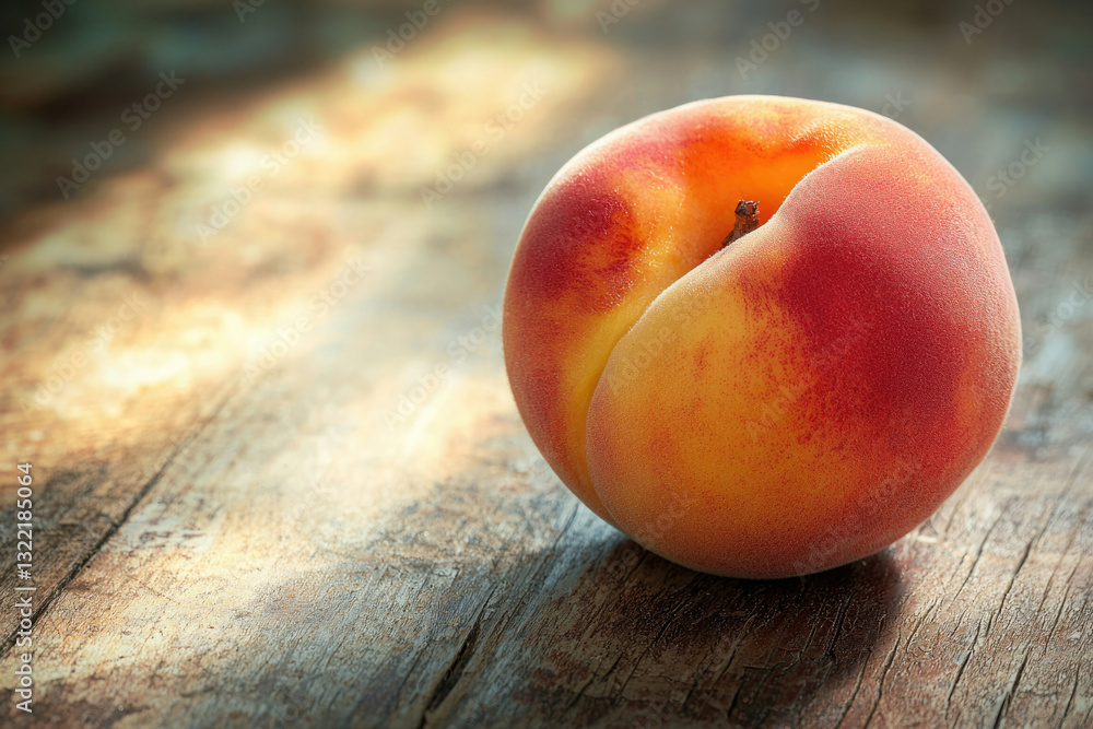 Poster a single ripe peach rests on a rustic wooden surface, bathed in soft light.