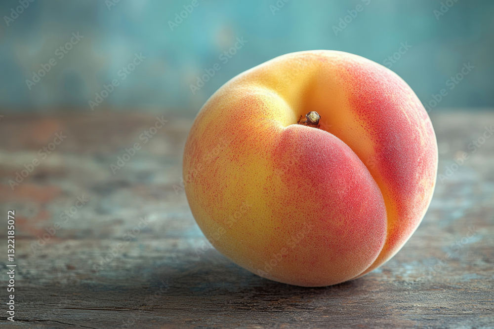 Poster a single ripe peach rests on a rustic wooden surface, showcasing its vibrant colors and fuzzy textur