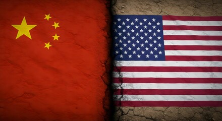 National flags of China and USA opposite to each other, Chinese and American flags 