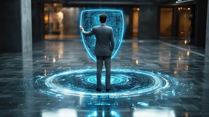 Protecting data security professional in business suit modern office digital concept futuristic environment