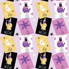 Vector seamless pattern with cute tarot cards on purple background. Modern design for fabric and paper, surface textures.	
