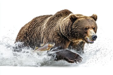 Obraz premium Grizzly Bear Running in Water with Fish Splashing Action Scene