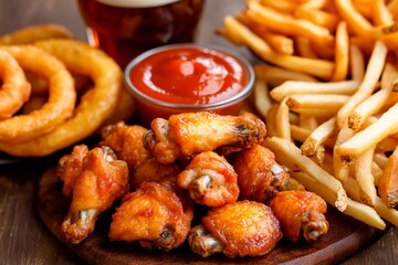 A culinary delight showcases a platter filled with crispy chicken wings, golden onion rings, and fries accompanied by a bowl of ketchup. This tasty arrangement offers a comforting dining experience