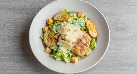 Caesar salad, grilled chicken breast, jumbo shrimp, crisp romaine lettuce, croutons, parmesan cheese, creamy dressing, white plate, rustic wooden table, overhead view, restaurant-quality presentation,