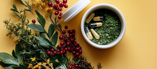 Fototapeta premium Various healthy superfoods including berries, turmeric, spirulina, omega acid capsules, and vitamin c supplements are arranged on a yellow background to represent antioxidants