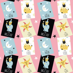 Vector seamless pattern with cute tarot cards on pink background. Modern design for fabric and paper, surface textures.	
