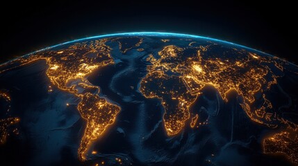 Una mappa del mondo illuminata con linee che collegano varie cittÃ  globali, che rappresentano le principali rotte commerciali tra i continenti