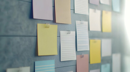 Colorful Sticky Notes Pinned To A Grey Wall In A Bright Room Showcasing Organization And Planning