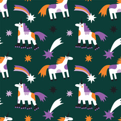Vector seamless pattern with little unicorns on dark background. Modern design for fabric and paper, surface textures.	
