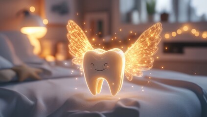 Smiling tooth fairy with glowing wings floats above a cozy bedroom, magical and whimsical scene