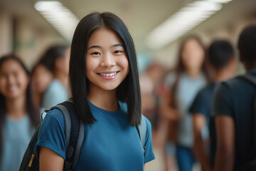 portrait of a teenage Asian female student standing in high school hallway, diverse group of friends in background