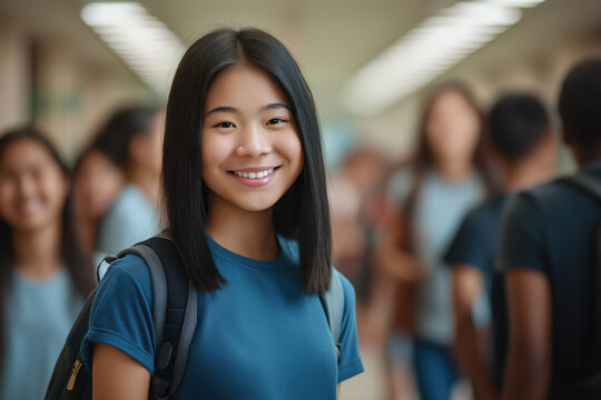 portrait of a teenage Asian female student standing in high school hallway, diverse group of friends in background