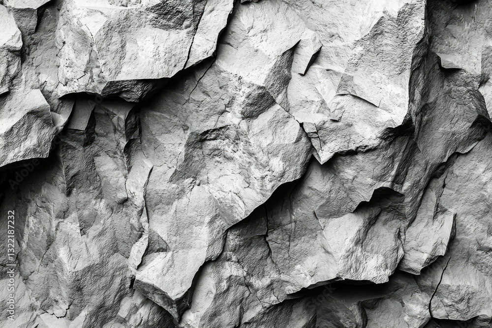 Poster a grayscale image showcasing the rugged texture of a rock face, highlighting its rough, fragmented s