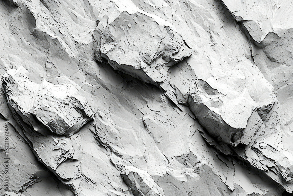 Poster a grayscale image depicting a rugged, textured rock face with varying shades of gray, showcasing the