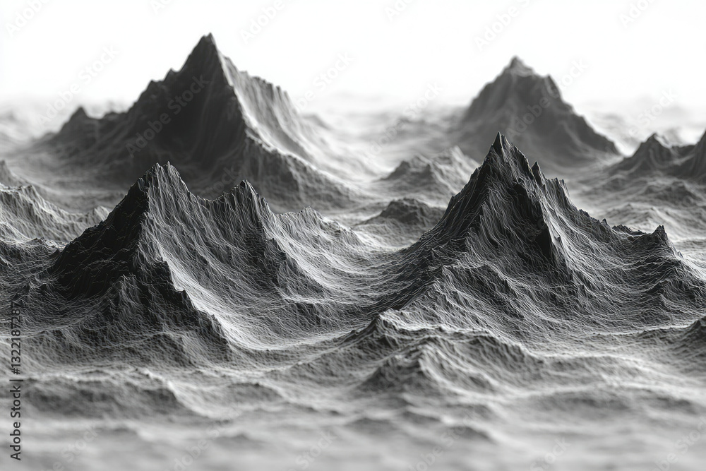 Poster Abstract grayscale image of a mountainous landscape, rendered with a wireframe style, showing intricate details and depth.