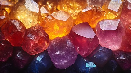 A close-up of multicolored gemstones reflecting light with brilliant patterns and textures