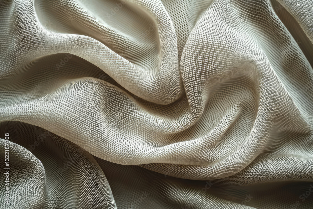 Poster Draped beige fabric with a delicate net-like texture, showcasing soft folds and subtle light reflections.