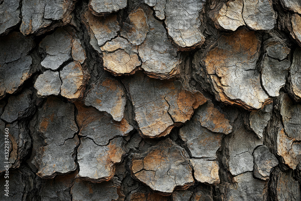 Poster close-up of textured tree bark, showing intricate cracks and patterns in shades of grey and brown.