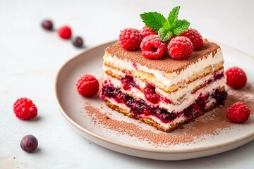 A delicious dessert features layers of cream, berries, and a dusting of cocoa powder. Garnished with fresh raspberries and mint, it looks enticing and fresh