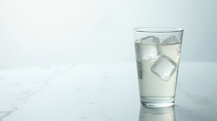 Refreshing Glass of Sparkling Water With Ice Cubes on Marble Surface