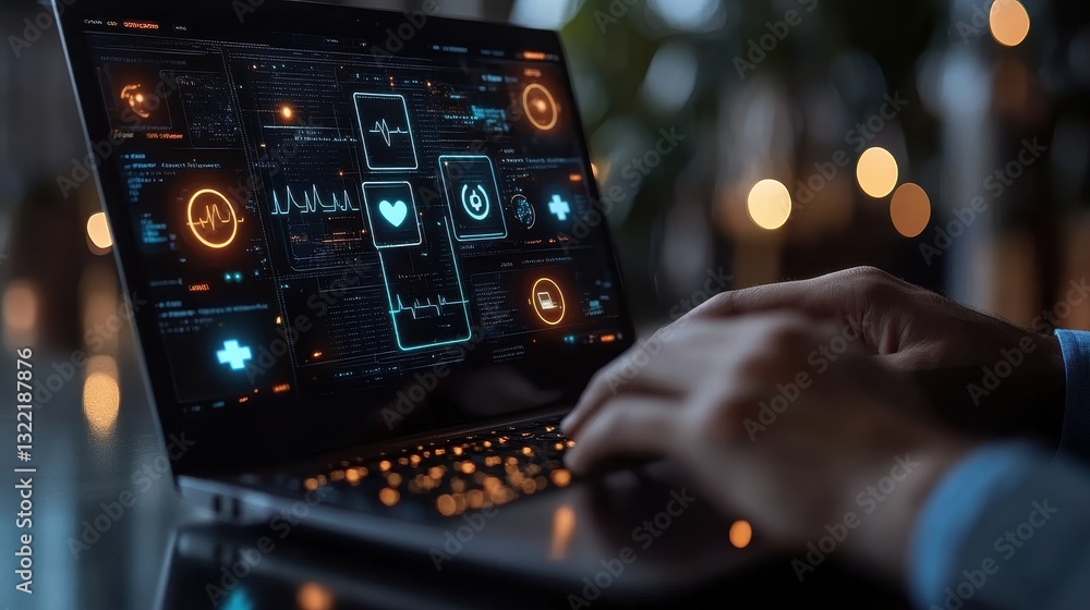 Poster analyzing health data trends digital workspace infographic modern office close-up view technology in