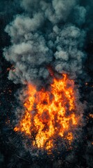 Fototapeta premium Fiery blaze with dark smoke. Bright flames rise into a cloud of gray