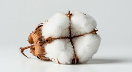 Cotton boll, organic texture, natural fiber, botanical study, soft white fluff, brown stem, minimalist composition, clean background, macro photography, agricultural detail, earthy tones, raw material