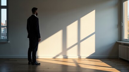 Businessman Silhouette Against Dramatic Backlit Window In Empty Corner Office Urban Cityscape Background Natural Sunlight Corporate Environment Professional Atmosphere.