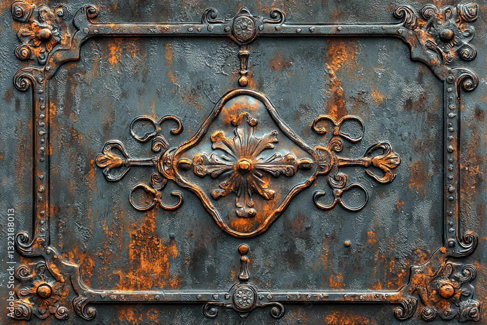 Poster ornate rusty metal panel with intricate floral design, showing age and texture.