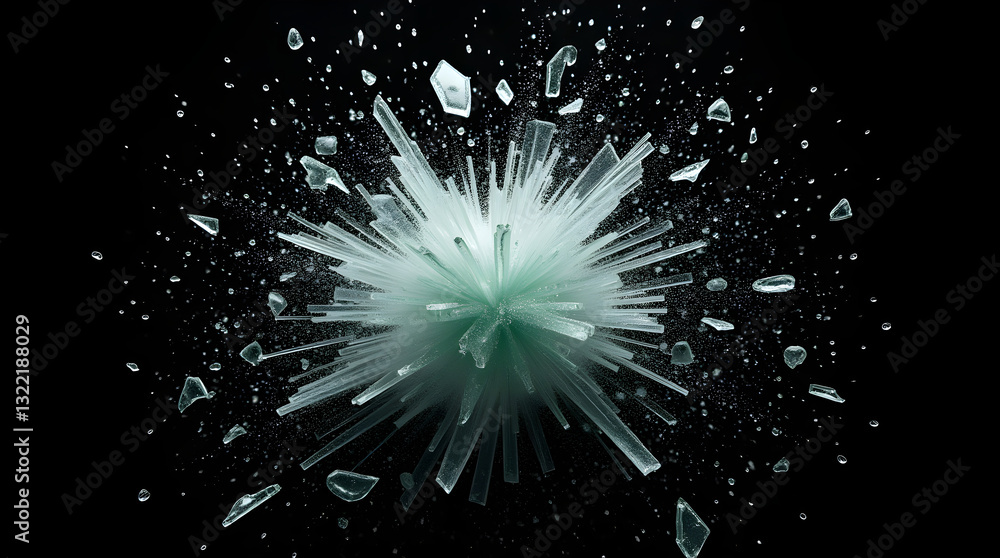 Poster dramatic high-speed breaking sharp glass shards explosion image on black background