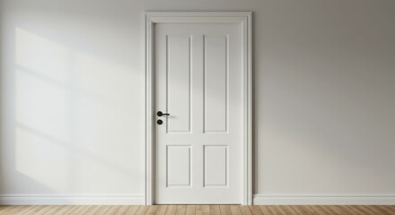 White interior door, classic panel design, white walls, subtle shadow play, minimalist aesthetic, clean lines, bright interior, sunlight effect, empty room, architectural detail, contemporary home, pr