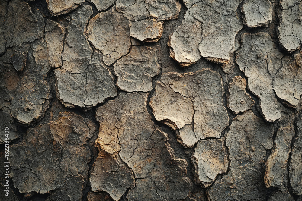 Aufkleber close-up of tree bark with deep cracks and crevices, showing texture and age.
