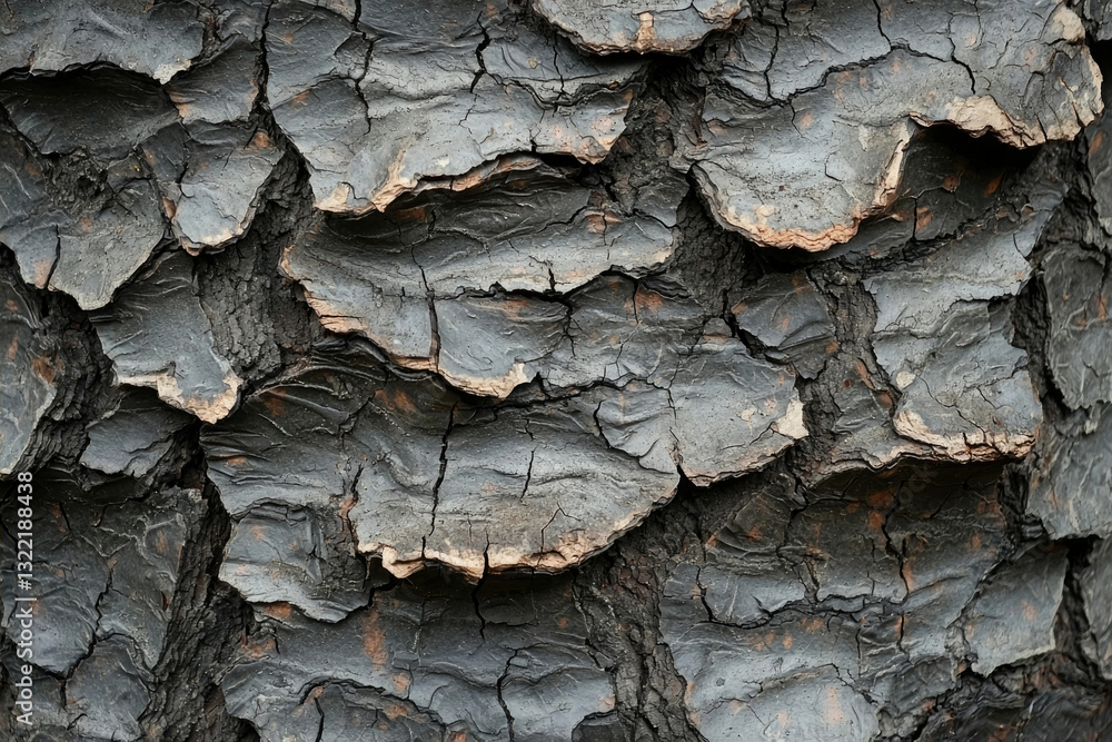 Poster Close-up view of dark, textured tree bark with deep cracks and layered patterns.