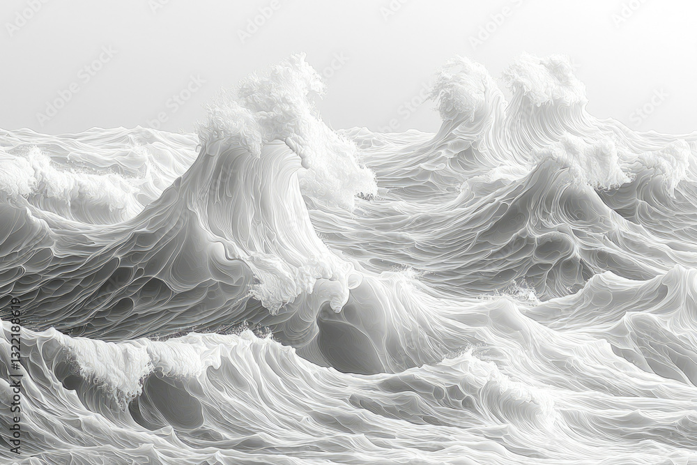 Poster monchromatic illustration of powerful ocean waves, showing intricate details and textures in graysca