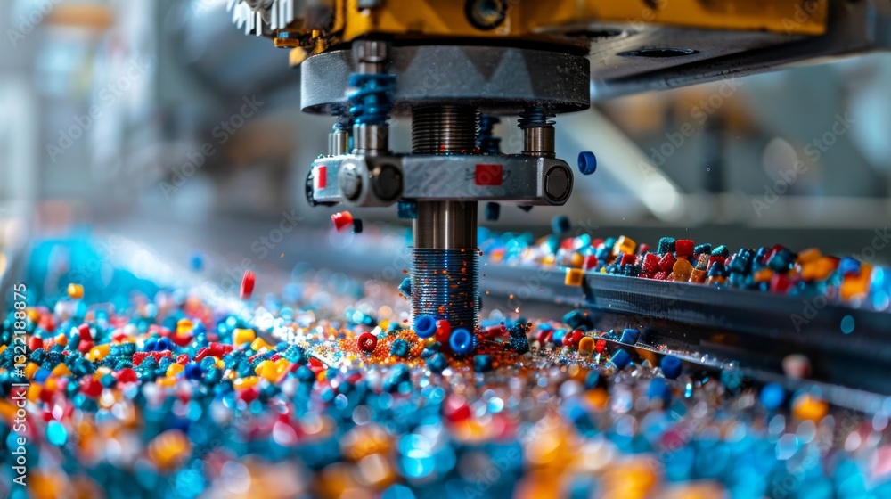 Poster a machine is actively drilling into a vibrant mixture of plastic granules on a production line in a 