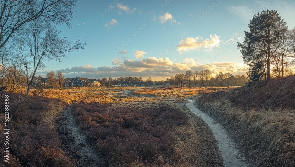 Poster serene landscape at sunset with pathways through meadow and trees in tranquil setting highlighting n